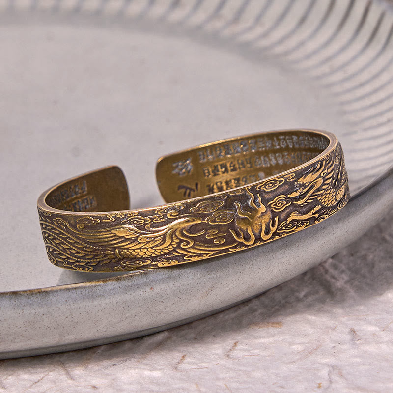 Buddha Stones Dragon And Phoenix Playing With A Pearl Heart Sutra Carved Copper Brass Luck Bracelet Bangle - image 2