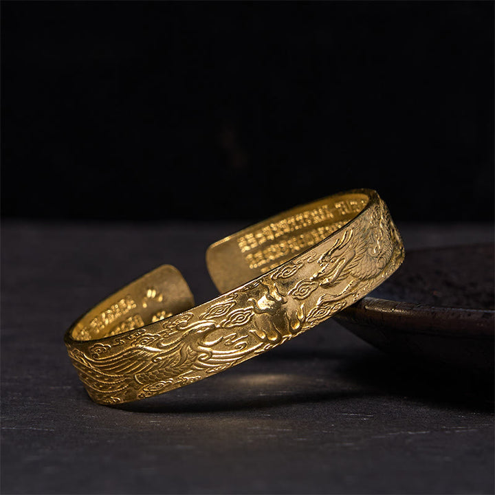 Buddha Stones Dragon And Phoenix Playing With A Pearl Heart Sutra Carved Copper Brass Luck Bracelet Bangle - Polished(Wrist Circumference: 14-18cm) - image 7