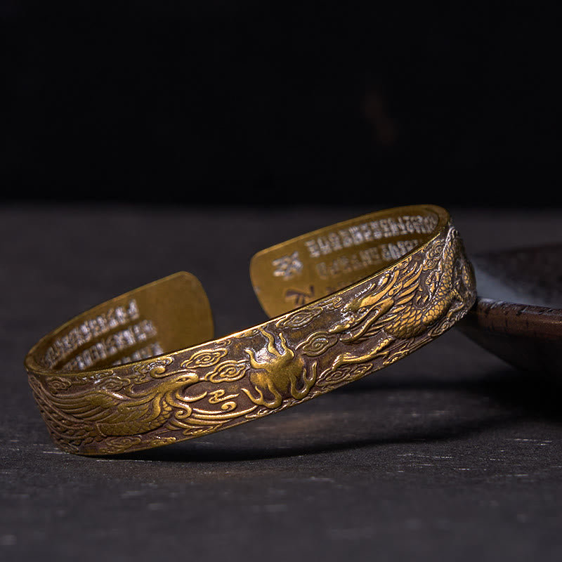 Buddha Stones Dragon And Phoenix Playing With A Pearl Heart Sutra Carved Copper Brass Luck Bracelet Bangle - Vintage(Wrist Circumference: 14-18cm) - image 0