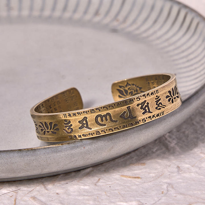Buddha Stones Six True Words 'om Mani Padme Hum' Heart Sutra Lotus Copper Brass Peace Cuff Bracelet Bangle - image 4