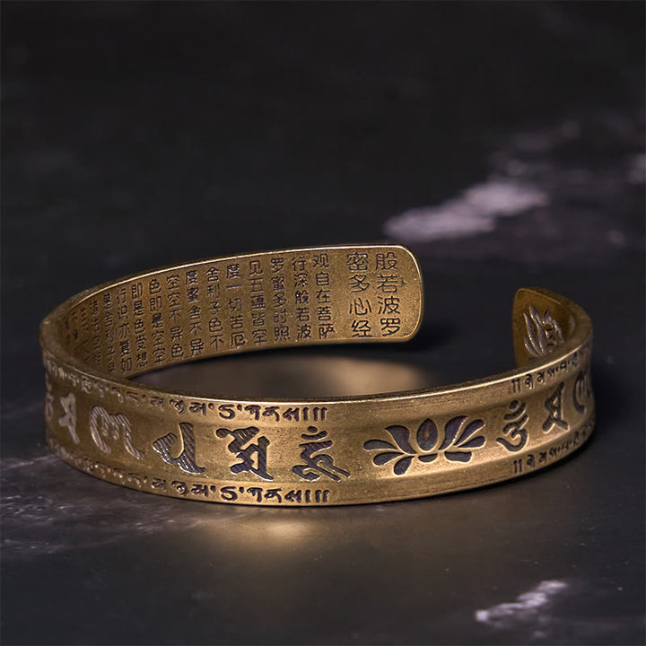 Buddha Stones Six True Words 'om Mani Padme Hum' Heart Sutra Lotus Copper Brass Peace Cuff Bracelet Bangle - image 3