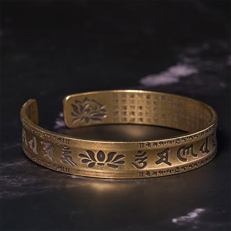 Buddha Stones Six True Words 'om Mani Padme Hum' Heart Sutra Lotus Copper Brass Peace Cuff Bracelet Bangle - image 1