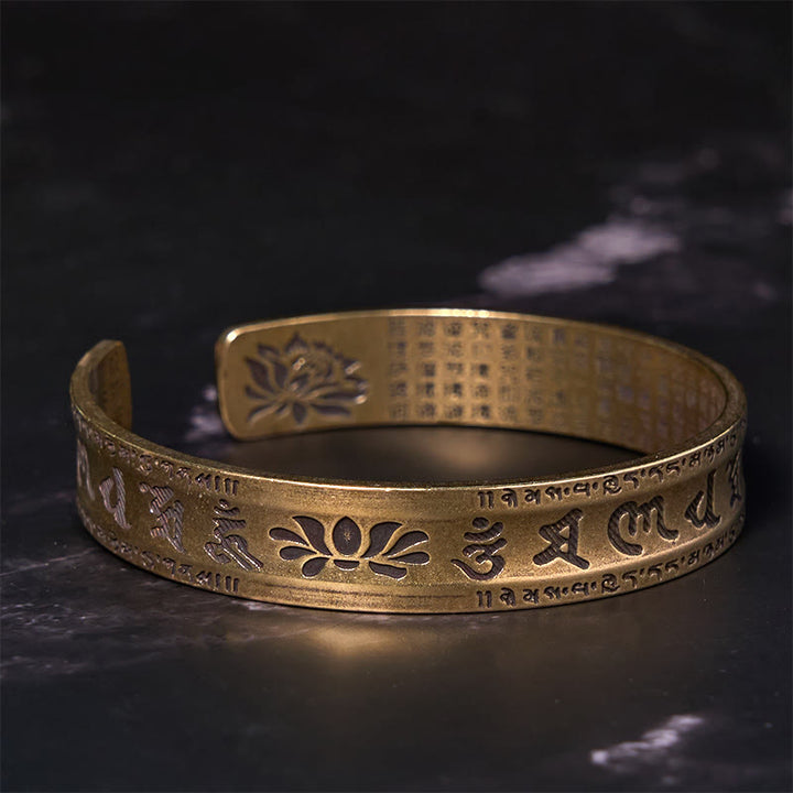 Buddha Stones Six True Words 'om Mani Padme Hum' Heart Sutra Lotus Copper Brass Peace Cuff Bracelet Bangle - image 1