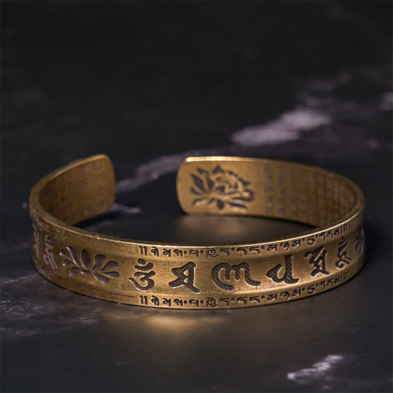 Buddha Stones Six True Words 'om Mani Padme Hum' Heart Sutra Lotus Copper Brass Peace Cuff Bracelet Bangle - image 2