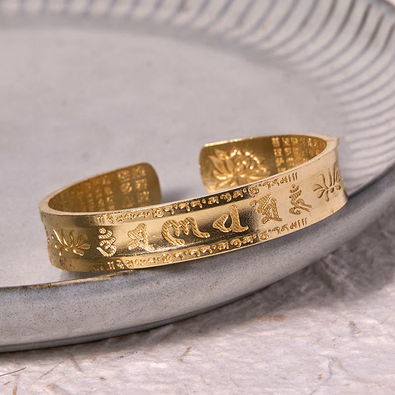 Buddha Stones Six True Words 'om Mani Padme Hum' Heart Sutra Lotus Copper Brass Peace Cuff Bracelet Bangle - image 12