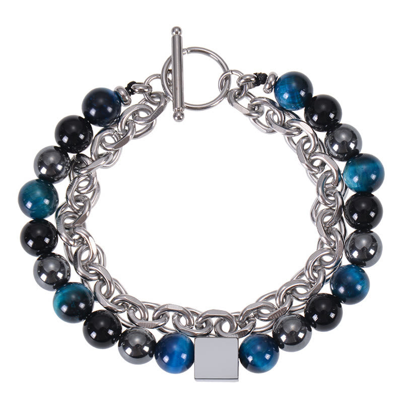 Buddha Stones Colorful Tiger Eye Frosted Stone Black Magnetite Titanium Steel Double Wrap Protection Bracelet - Blue Tiger Eye&Black Obsidian&Black Magnetite(Wrist Circumference: 15-20cm) - image 14