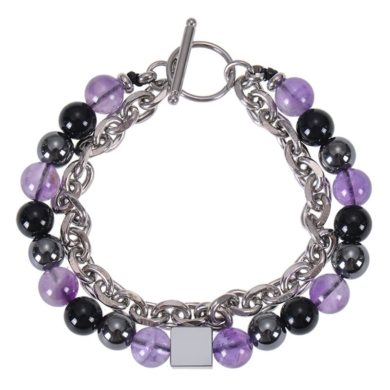 Buddha Stones Colorful Tiger Eye Frosted Stone Black Magnetite Titanium Steel Double Wrap Protection Bracelet - Amethyst&Black Obsidian&Black Magnetite(Wrist Circumference: 15-20cm) - image 17
