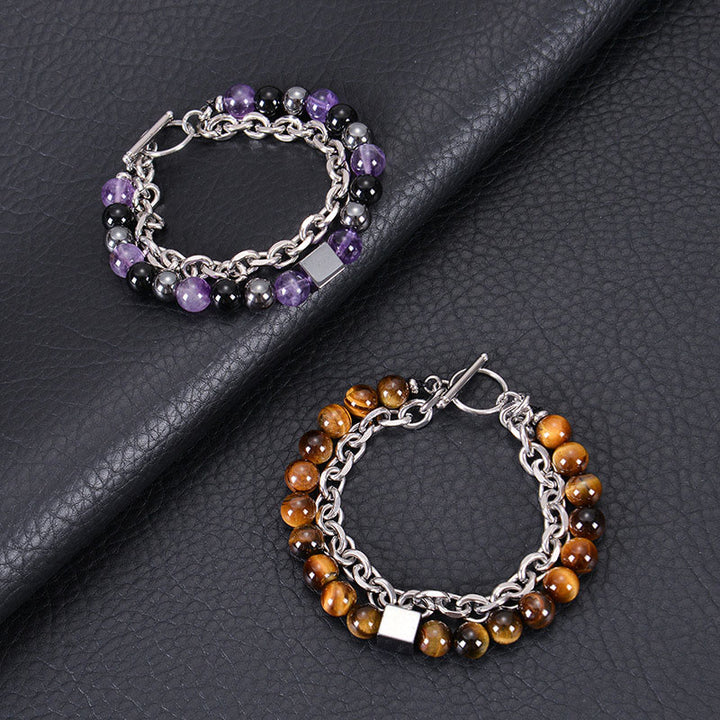 Buddha Stones Colorful Tiger Eye Frosted Stone Black Magnetite Titanium Steel Double Wrap Protection Bracelet - image 30
