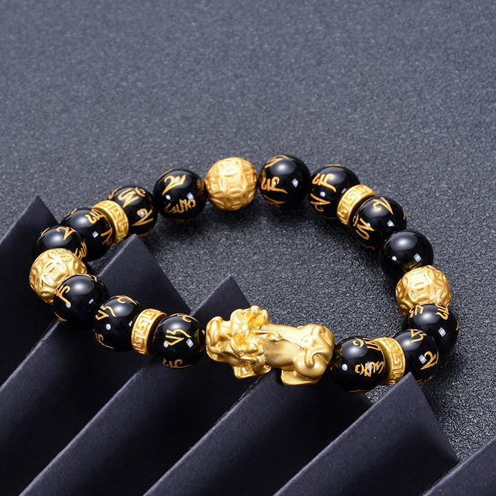 Buddha Stones Black Obsidian Black Onyx Alloy PiXiu Om Mani Padme Hum Strength Bracelet - image 2