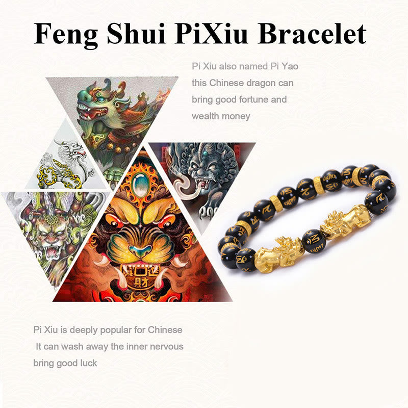 Buddha Stones Black Obsidian Black Onyx Golden Alloy Two PiXiu Om Mani Padme Hum Strength Bracelet - image 9