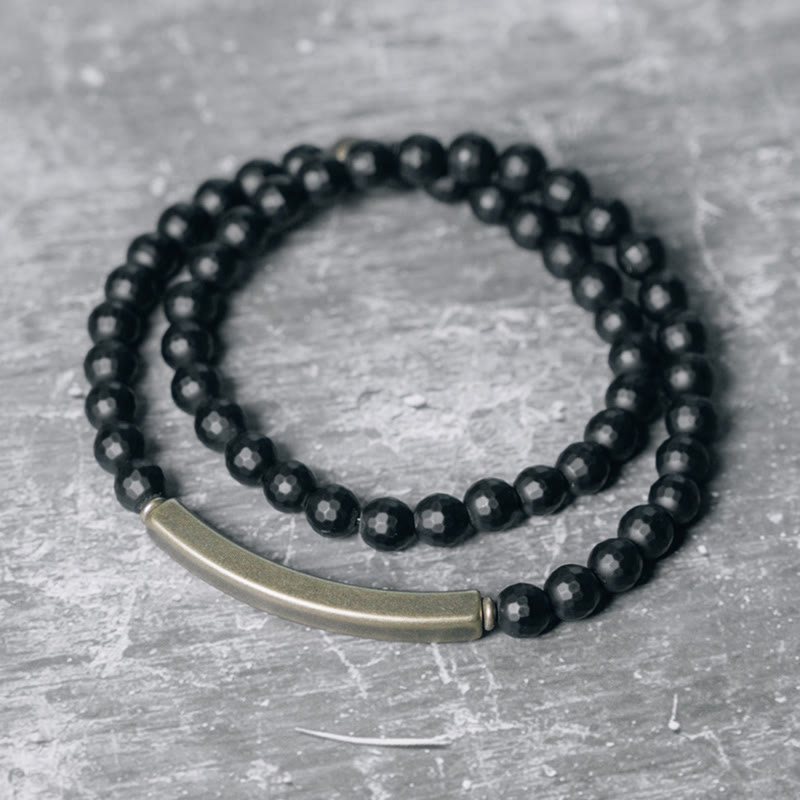 Buddha Stones Frosted Cut Surface Black Onyx Copper Brass Double Wrap Protection Bracelet - Black Onyx Brass(Wrist Circumference: 17-17.6cm) - image 0