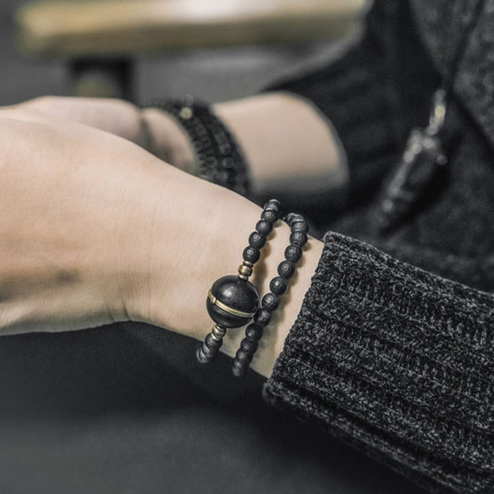 Buddha Stones Frosted Cut Surface Black Onyx Ebony Beads Double Wrap Protection Bracelet - image 2