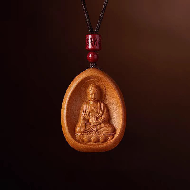 Buddha Stones Peach Wood Cinnabar Om Mani Padme Hum Chinese Zodiac Black String Necklace Pendants - Peach Wood-Dog Pig - image 26