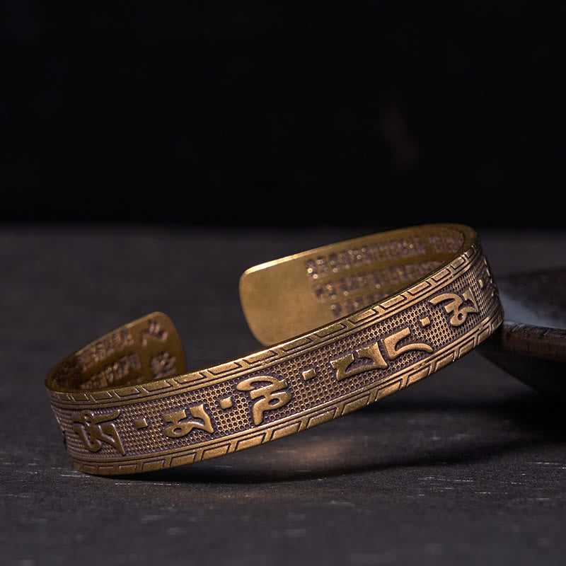 Buddha Stones Six True Words 'om Mani Padme Hum' Heart Sutra Copper Brass Luck Wisdom Bracelet Bangle - Vintage(Wrist Circumference: 14-18cm) - image 0