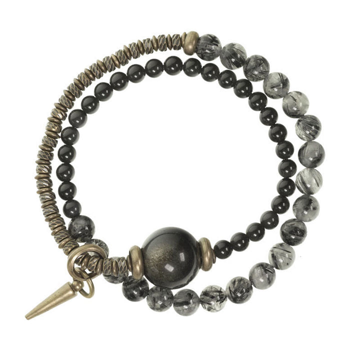 Buddha Stones Gold Sheen Obsidian Black Rutilated Quartz Copper Brass Double Wrap Protection Bracelet - image 9