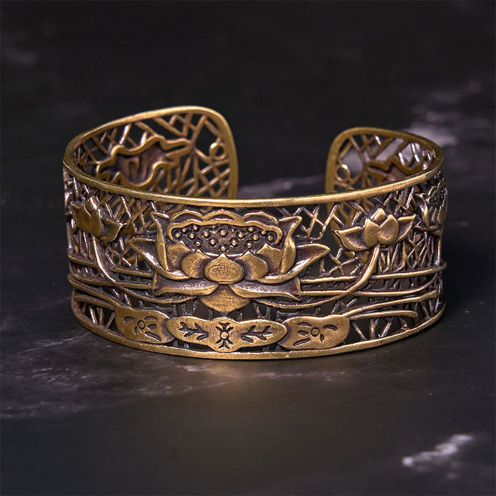 Buddha Stones Hollow Lotus Silver Plated Copper Healing Enlightenment Bracelet Bangle - image 7