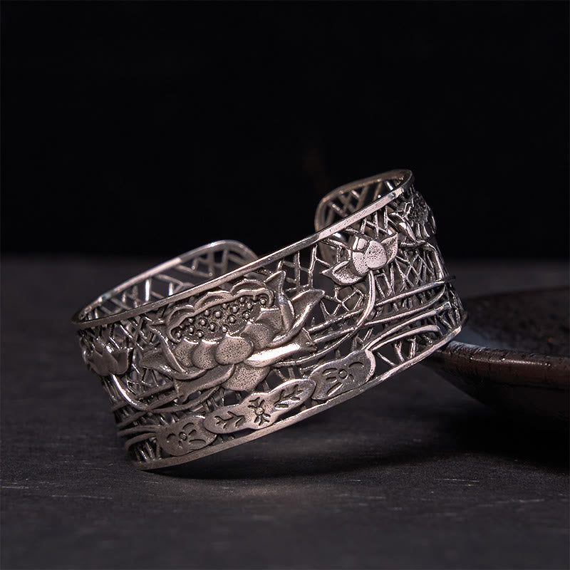 Buddha Stones Hollow Lotus Silver Plated Copper Healing Enlightenment Bracelet Bangle - Silver Plated Copper(Wrist Circumference: 14-17cm) - image 0