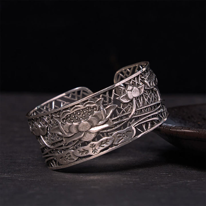 Buddha Stones Hollow Lotus Silver Plated Copper Healing Enlightenment Bracelet Bangle - Silver Plated Copper(Wrist Circumference: 14-17cm) - image 0