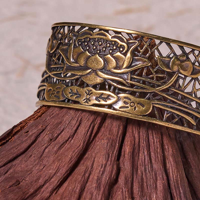 Buddha Stones Hollow Lotus Silver Plated Copper Healing Enlightenment Bracelet Bangle - image 9