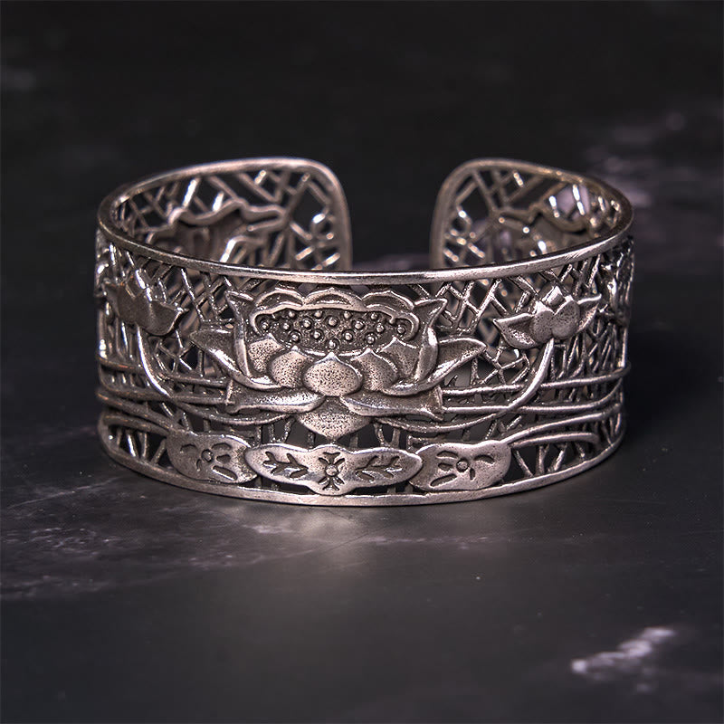 Buddha Stones Hollow Lotus Silver Plated Copper Healing Enlightenment Bracelet Bangle - image 1