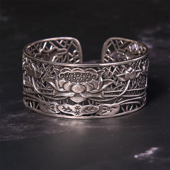 Buddha Stones Hollow Lotus Silver Plated Copper Healing Enlightenment Bracelet Bangle - image 1