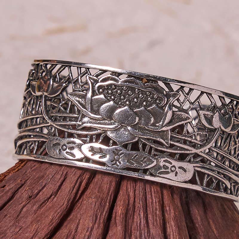 Buddha Stones Hollow Lotus Silver Plated Copper Healing Enlightenment Bracelet Bangle - image 3