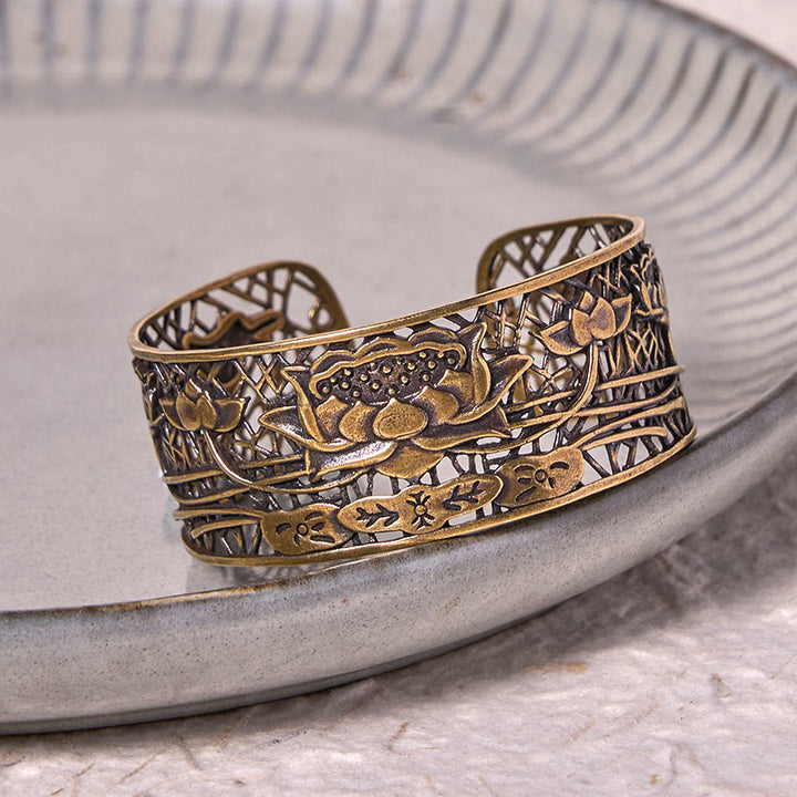 Buddha Stones Hollow Lotus Silver Plated Copper Healing Enlightenment Bracelet Bangle - image 8