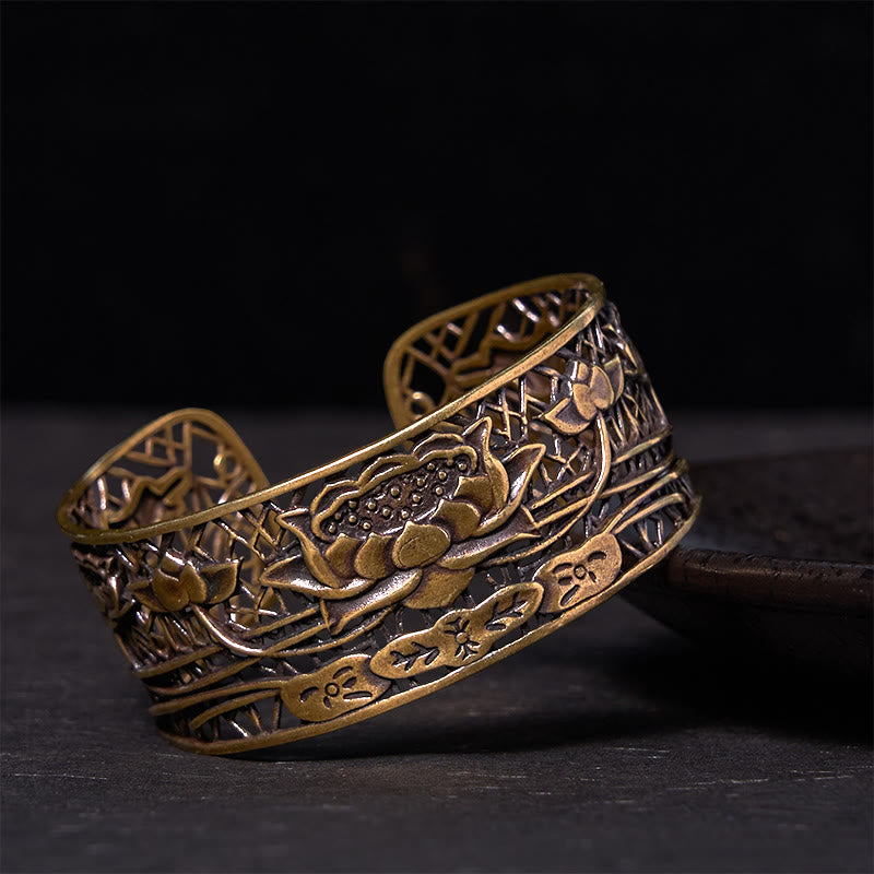 Buddha Stones Hollow Lotus Silver Plated Copper Healing Enlightenment Bracelet Bangle - Copper(Wrist Circumference: 14-17cm) - image 6