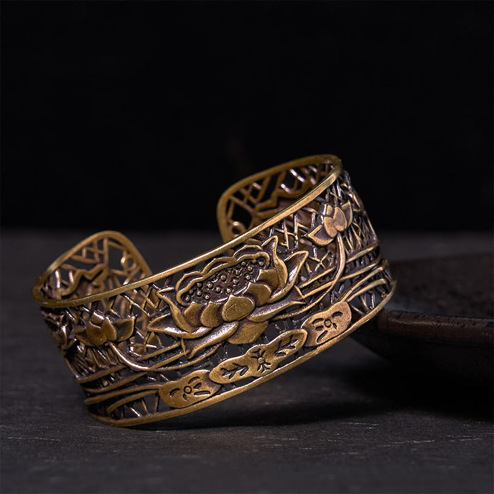 Buddha Stones Hollow Lotus Silver Plated Copper Healing Enlightenment Bracelet Bangle - Copper(Wrist Circumference: 14-17cm) - image 6