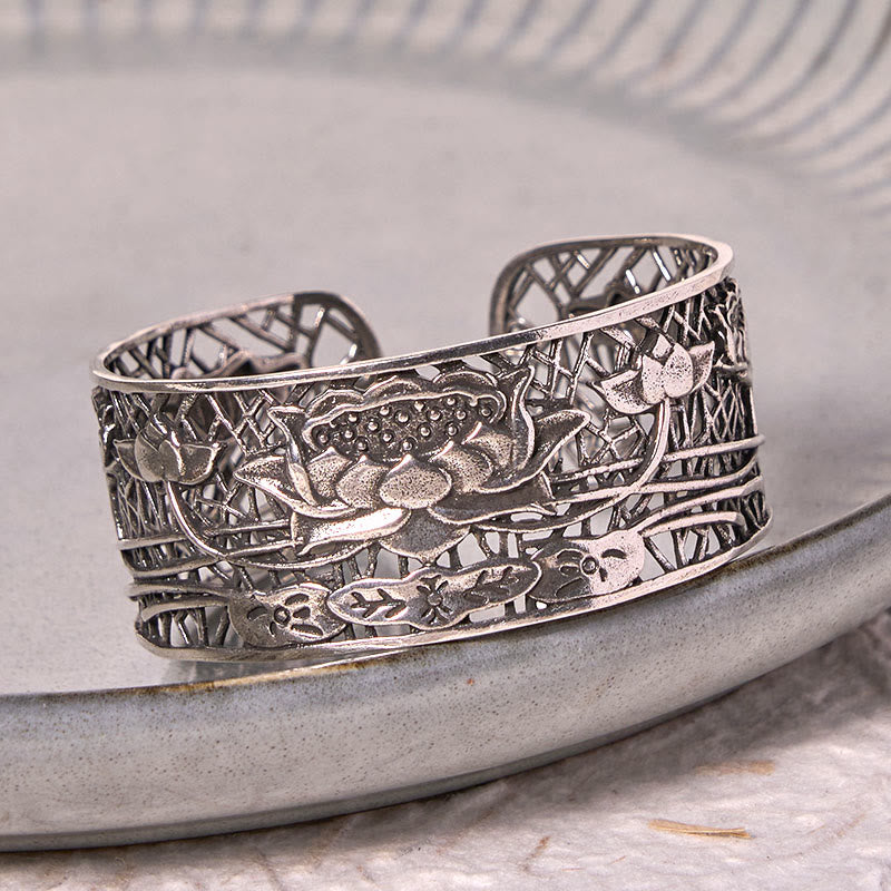 Buddha Stones Hollow Lotus Silver Plated Copper Healing Enlightenment Bracelet Bangle - image 2