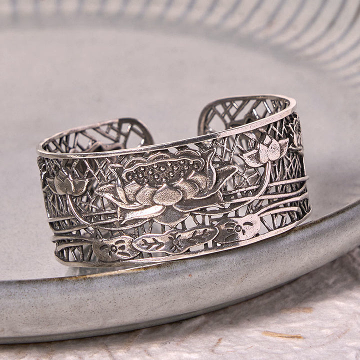 Buddha Stones Hollow Lotus Silver Plated Copper Healing Enlightenment Bracelet Bangle - image 2
