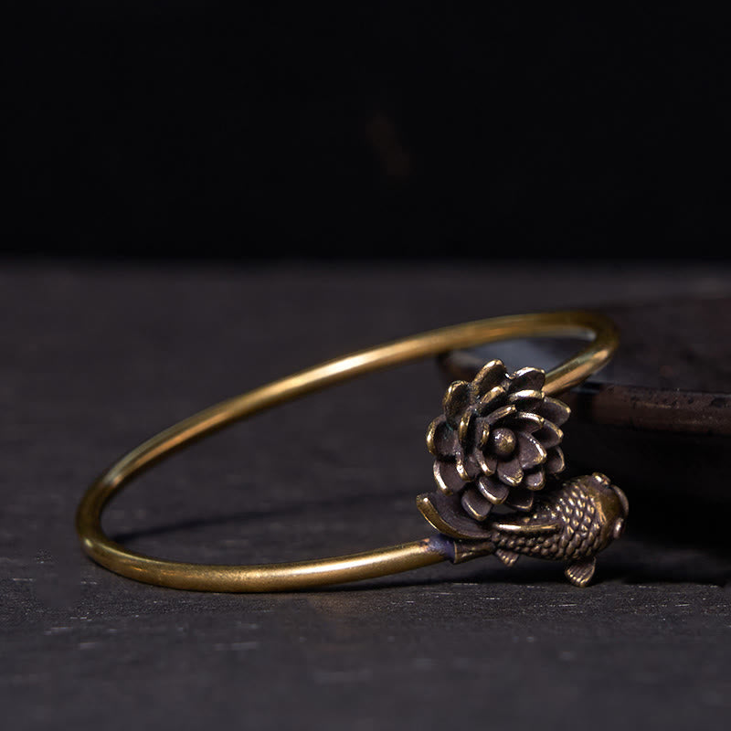 Buddha Stones Lotus Flower Koi Fish Copper Brass Enlightenment Luck Bracelet Bangle - image 1