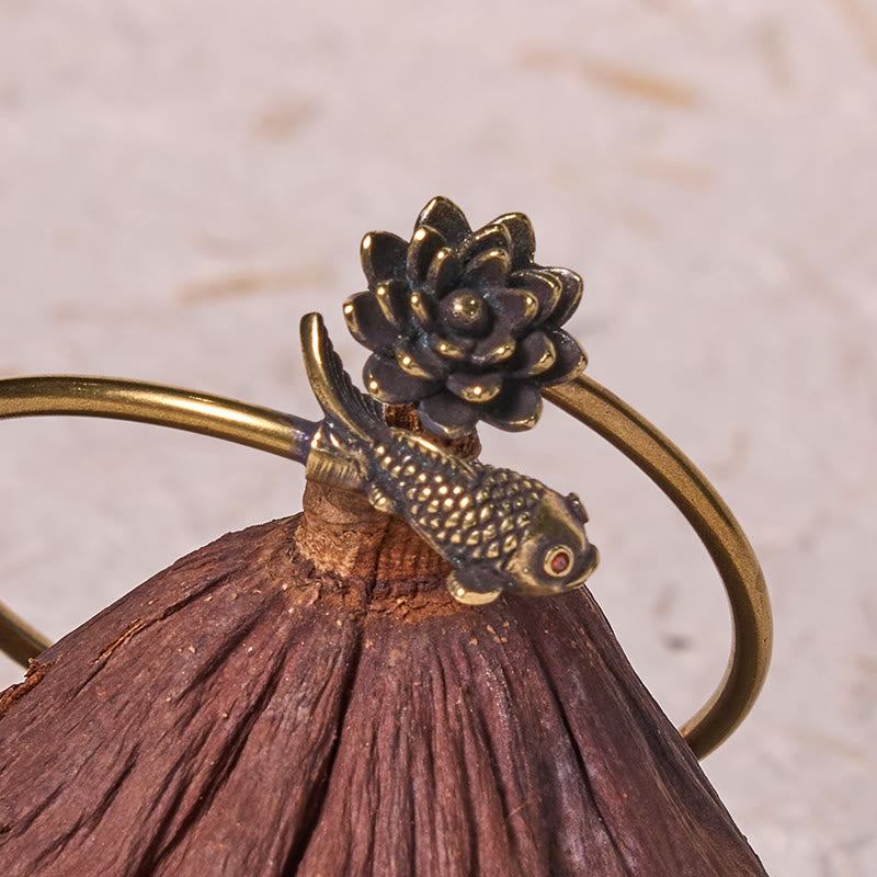 Buddha Stones Lotus Flower Koi Fish Copper Brass Enlightenment Luck Bracelet Bangle - image 2
