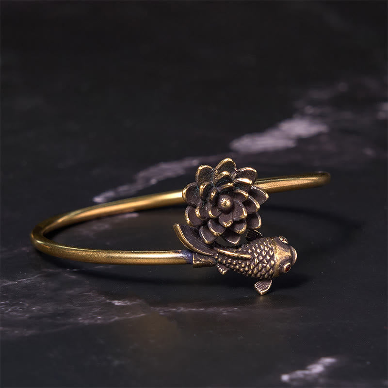 Buddha Stones Lotus Flower Koi Fish Copper Brass Enlightenment Luck Bracelet Bangle - Copper(Wrist Circumference: 14-17cm) - image 0