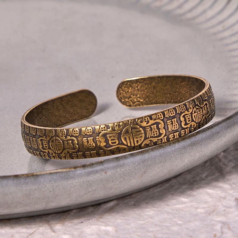 Buddha Stones Hundred Blessings Fu Character Copper Brass Luck Bracelet Bangle - image 2