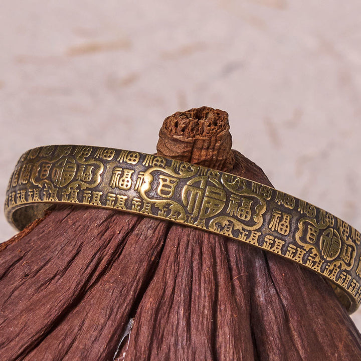 Buddha Stones Hundred Blessings Fu Character Copper Brass Luck Bracelet Bangle - image 3