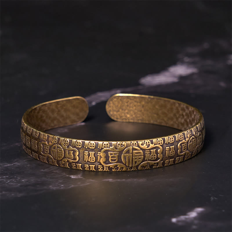 Buddha Stones Hundred Blessings Fu Character Copper Brass Luck Bracelet Bangle - image 1