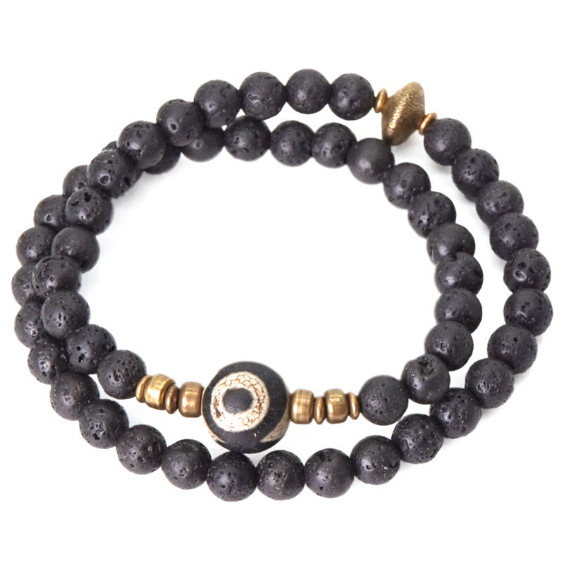 Buddha Stones Vintage Lava Rock Three-eyed Dzi Bead Copper Brass Beads Double Wrap Healing Bracelet - image 7