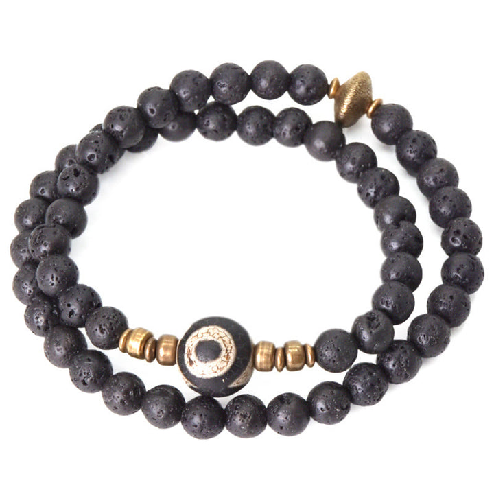 Buddha Stones Vintage Lava Rock Three-eyed Dzi Bead Copper Brass Beads Double Wrap Healing Bracelet - image 7