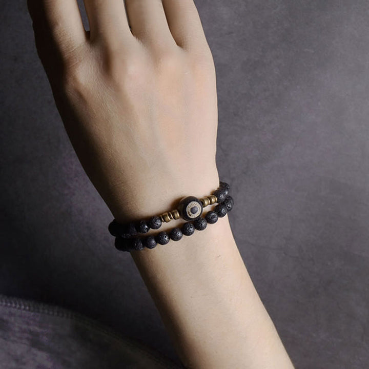 Buddha Stones Vintage Lava Rock Three-eyed Dzi Bead Copper Brass Beads Double Wrap Healing Bracelet - image 9