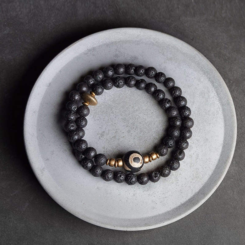 Buddha Stones Vintage Lava Rock Three-eyed Dzi Bead Copper Brass Beads Double Wrap Healing Bracelet - image 8