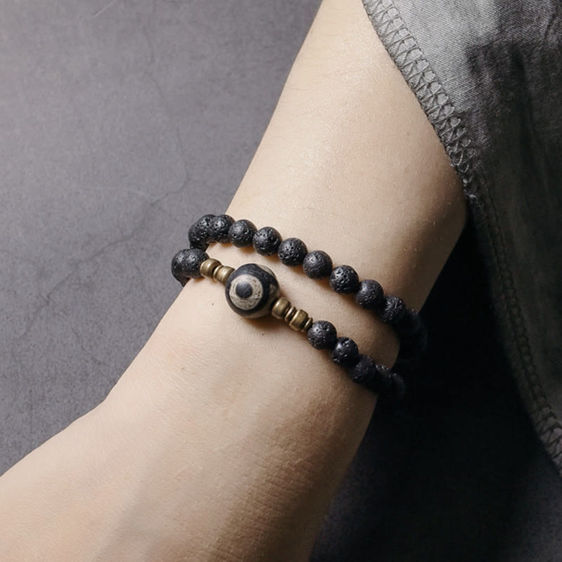 Buddha Stones Vintage Lava Rock Three-eyed Dzi Bead Copper Brass Beads Double Wrap Healing Bracelet - image 3