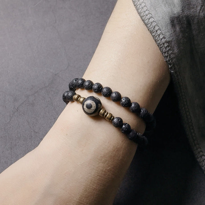 Buddha Stones Vintage Lava Rock Three-eyed Dzi Bead Copper Brass Beads Double Wrap Healing Bracelet - image 3