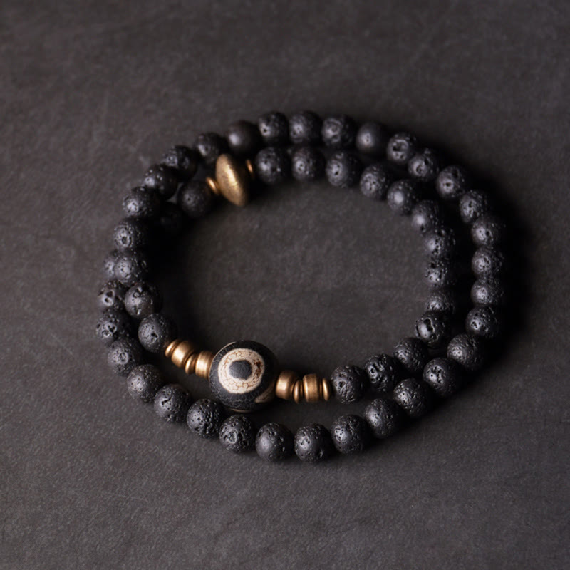 Buddha Stones Vintage Lava Rock Three-eyed Dzi Bead Copper Brass Beads Double Wrap Healing Bracelet - image 2