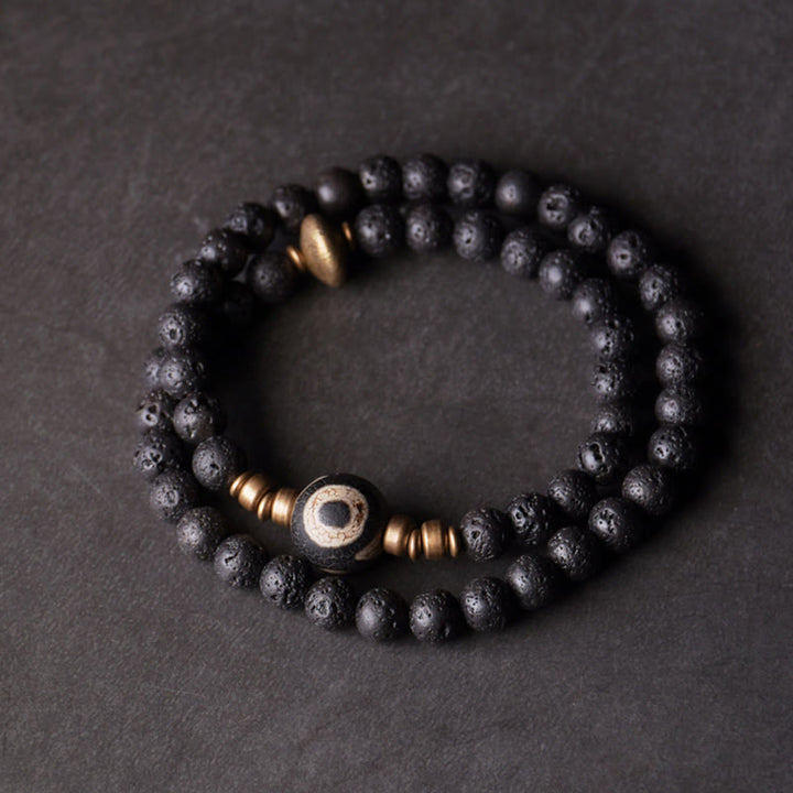 Buddha Stones Vintage Lava Rock Three-eyed Dzi Bead Copper Brass Beads Double Wrap Healing Bracelet - image 2