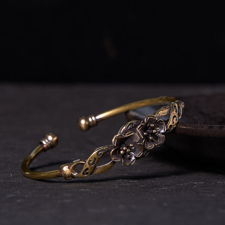 Buddha Stones Flowers Leaves Copper Brass Luck Healing Cuff Bracelet Bangle - Double Flowers(Wrist Circumference: 14-17cm) - image 10
