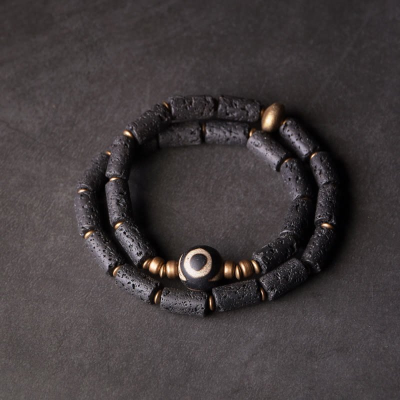 Buddha Stones Vintage Lava Rock Three-eyed Dzi Bead Copper Brass Multi-turn Wrap Calm Bracelet - Lava Rock Three-eyed Dzi Bead Brass(Wrist Circumference: 17-17.6cm) - image 0