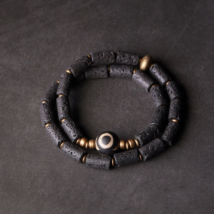 Buddha Stones Vintage Lava Rock Three-eyed Dzi Bead Copper Brass Multi-turn Wrap Calm Bracelet - Lava Rock Three-eyed Dzi Bead Brass(Wrist Circumference: 17-17.6cm) - image 0