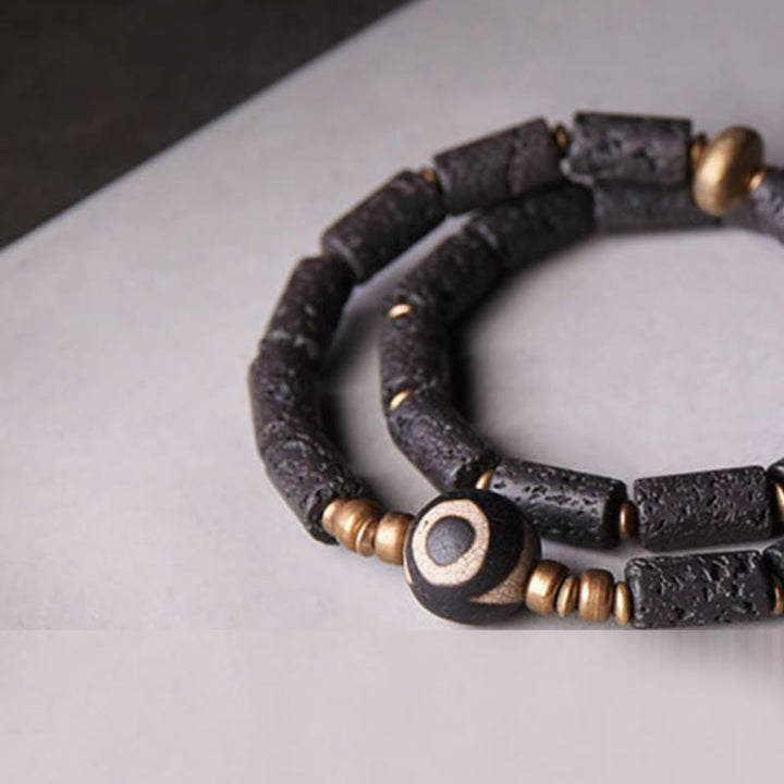 Buddha Stones Vintage Lava Rock Three-eyed Dzi Bead Copper Brass Multi-turn Wrap Calm Bracelet - image 2