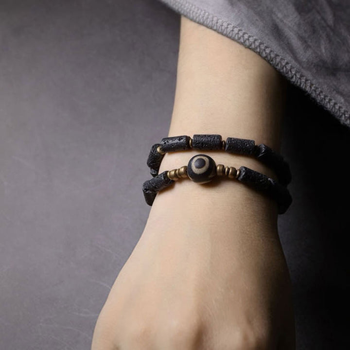 Buddha Stones Vintage Lava Rock Three-eyed Dzi Bead Copper Brass Multi-turn Wrap Calm Bracelet - image 9